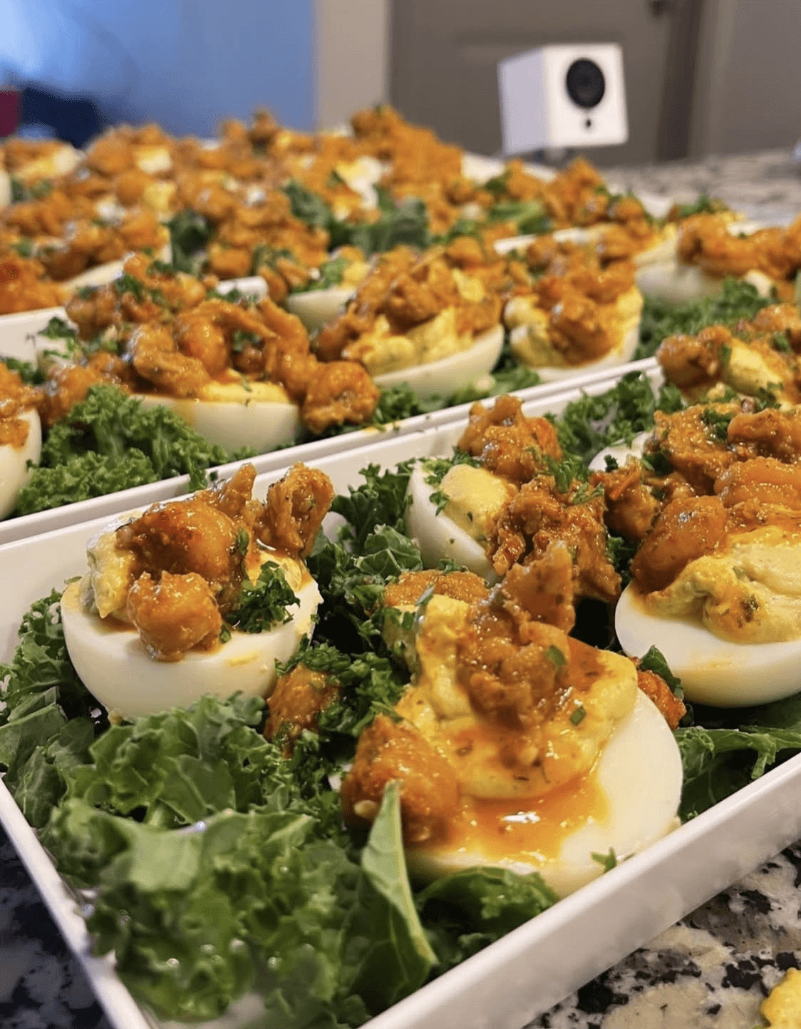 Crawfish Deviled Eggs on Kale